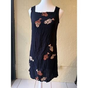 Peppermint Bay Rayon Dress Medium Black Fish Skeleton Print Sleeveless Beach